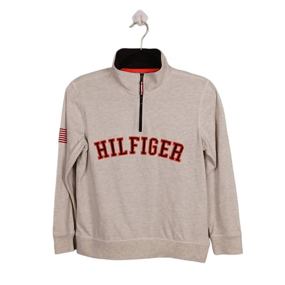 TOMMY HILFIGER Boys Gray M (12-14) Pullover Sweater 1/4 Zip Mock Collar USA Flag
